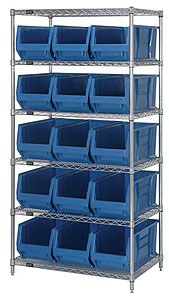 Wire Shelving Bin System with 6 shelves & 15 Shelf Bins - 24"d x 36"w x 74"h