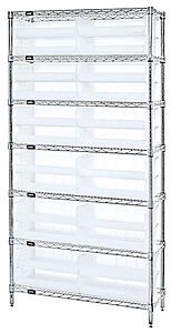 Wire Shelving w/ 7 Shelves & 24 Clear View 10-7/8" x 16-1/2" x 5" Bins