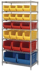 Wire Shelving Bin System with 7 shelves & 20 Shelf Bins - 24"d x 36"w x 74"h
