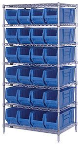 Wire Shelving Bin System with 7 shelves & 24 Shelf Bins - 24"d x 36"w x 74"h
