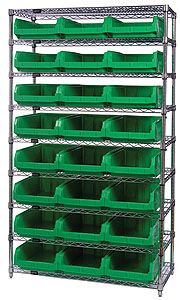 Wire Shelving Bin System with 9 shelves & 24 Magnum Bins - 18"d x 42"w x 74"h