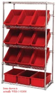 Slanted Wire Shelving - 36"L x 18"W x 63"H with Twelve 16-1/2" x 10-7/8" x 3-1/2" bins