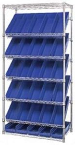 Slanted Wire Shelving - 36"L x 18"W x 74"H with Thirty 17-7/8" x 6-5/8" x 4" bins