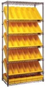 Slanted Wire Shelving - 36"L x 18"W x 74"H with Thirty-Six 17-7/8" x 5-9/16" x 4-5/8" bins