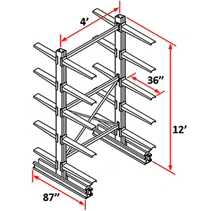 Cantilever Rack Double Sided Starter - 12'H x 4'W - (20) 36" Arms 4,100 lb. Cap. ea.