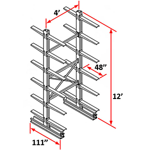 Cantilever Rack Double Sided Starter - 12'H x 4'W - (24) 48" Arms 3,000 lb. Cap. ea.