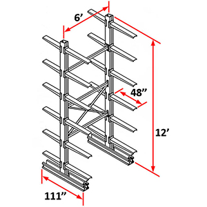 Cantilever Rack Double Sided Starter - 12'H x 6'W - (24) 48" Arms 3,000 lb. Cap. ea.