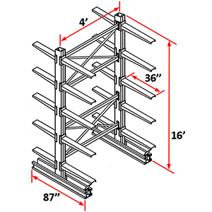 Cantilever Rack Double Sided Starter - 16'H x 4'W - (20) 36" Arms 4,100 lb. Cap. ea.