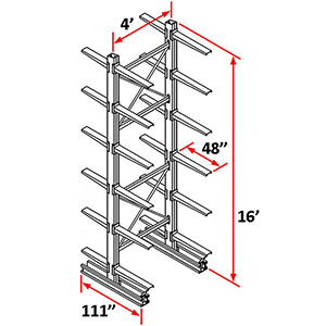 Cantilever Rack Double Sided Starter - 16'H x 4'W - (24) 48" Arms 3,000 lb. Cap. ea.