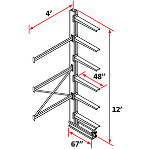 Cantilever Rack Single Sided Adder - 12'H x 4'W - (6) 48" Arms 3,000 lb. Cap. ea.
