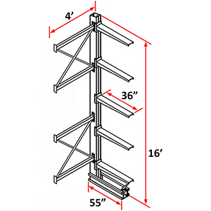 Cantilever Rack Single Sided Adder - 16'H x 4'W - (5) 36" Arms 4,100 lb. Cap. ea.