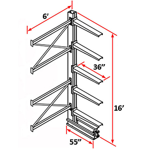 Cantilever Rack Single Sided Adder - 16'H x 6'W - (5) 36" Arms 4,100 lb. Cap. ea.