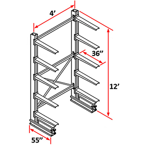 Cantilever Rack Single Sided Starter - 12'H x 4'W - (10) 36" Arms 4,100 lb. Cap. ea.