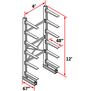 Cantilever Rack Single Sided Starter - 12'H x 4'W - (12) 48" Arms 3,000 lb. Cap. ea.