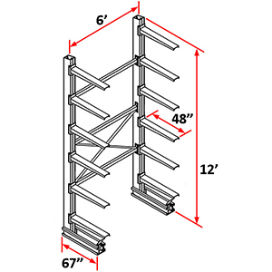 Cantilever Rack Single Sided Starter - 12'H x 6'W - (12) 48" Arms 3,000 lb. Cap. ea.