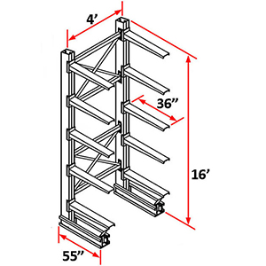Cantilever Rack Single Sided Starter - 16'H x 4'W - (10) 36" Arms 4,100 lb. Cap. ea.