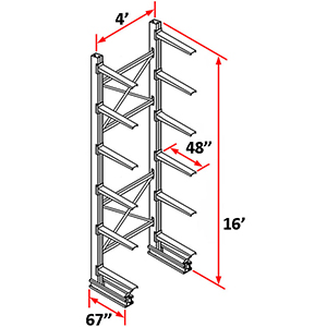 Cantilever Rack Single Sided Starter - 16'H x 4'W - (12) 48" Arms 3,000 lb. Cap. ea.