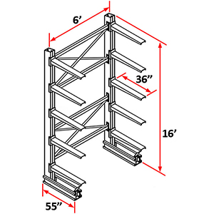 Cantilever Rack Single Sided Starter - 16'H x 6'W - (10) 36" Arms 4,100 lb. Cap. ea.