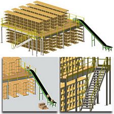 High Density Parts Handling Mezzanine, 31' x 32', 1,000 square feet with shelving and incline conveyor