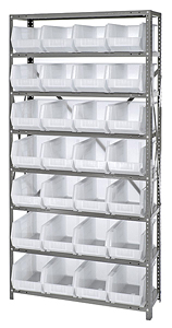Steel Shelving w/ 8 Shelves, 28 Clear View 10-3/4" x 8-1/4" x 7" Bins