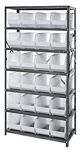 Steel Shelving w/ 7 Shelves, 24 Clear View 18" x 8-1/4" x 9" Bins