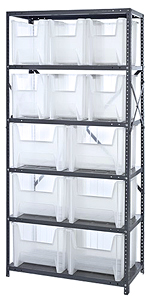 Steel Shelving w/ 6 Shelves, 12 Multi-size Clear View Bins