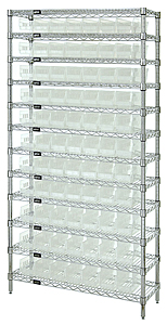 Wire Shelving w/ 12 Shelves & 77 Clear View 11-5/8" x 4-1/8" x 4" Bins