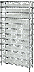 Wire Shelving w/ 12 Shelves & 55 Clear View 11-5/8" x 6-5/8" x 4" Bins