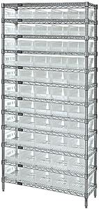Wire Shelving w/ 12 Shelves & 55 Clear View 17-7/8" x 6-5/8" x 4" Bins