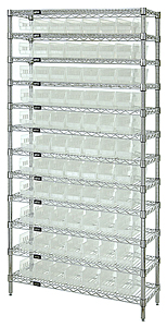 Wire Shelving w/ 12 Shelves & 77 Clear View 23-5/8" x 4-1/8" x 4" Bins
