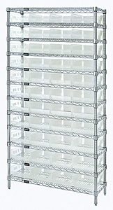 Wire Shelving w/ 12 Shelves & 44 Clear View 11-5/8" x 8-3/8" x 4" Bins