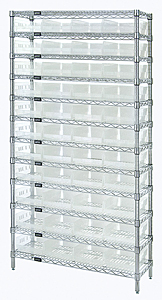 Wire Shelving w/ 12 Shelves & 44 Clear View 17-7/8" x 8-3/8" x 4" Bins