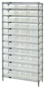 Wire Shelving w/ 12 Shelves & 33 Clear View 11-5/8" x 11-1/8" x 4" Bins