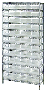 Wire Shelving w/ 12 Shelves & 33 Clear View 17-7/8" x 11-1/8" x 4" Bins