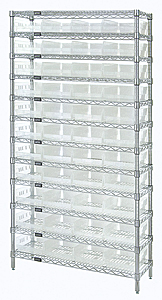 Wire Shelving w/ 12 Shelves & 44 Clear View 23-5/8" x 8-3/8" x 4" Bins