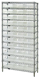 Wire Shelving w/ 12 Shelves & 33 Clear View 23-5/8" x 11-1/8" x 4" Bins