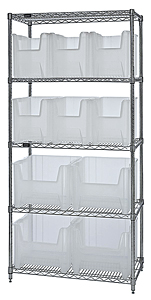 Wire Shelving w/ 5 Shelves & 10 Mixed Size Clear View  Bins