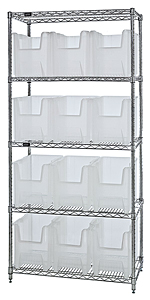 Wire Shelving w/ 5 Shelves & 12 Clear View 17-1/2" x 10-7/8" x 12-1/2" Bins