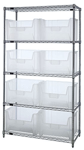 Wire Shelving w/ 5 Shelves & 8 Clear View 15-1/4" x 19-7/8" x 12-7/16" Bins