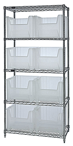 Wire Shelving w/ 5 Shelves & 8 Clear View 17-1/2" x 16-1/2" x 12-1/2" Bins
