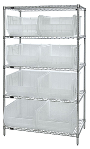 Chrome Wire Shelving w/ 5 Shelves & 8 Clear View 23-7/8" x 18-1/4" x 12" Bins