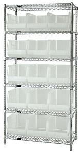 Wire Shelving w/ 6 Shelves & 15 Clear View 18" x 11" x 10" Bins
