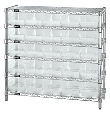 Wire Shelving w/ 6 Shelves & 25 Clear View 11-5/8" x 6-5/8" x 4" Bins