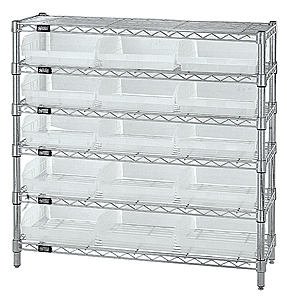 Wire Shelving w/ 6 Shelves & 15 Clear View 11-5/8" x 11-1/8" x 4" Bins