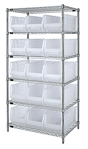 Chrome Wire Shelving w/ 6 Shelves & 15 Clear View 23-7/8" x 11" x 10" Bins