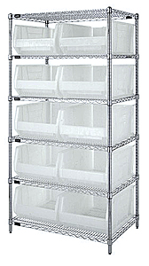 Chrome Wire Shelving w/ 6 Shelves & 10 Clear View 23-7/8" x 16-1/2" x 11" Bins