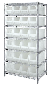 Chrome Wire Shelving w/ 7 Shelves & 24 Clear View 23-7/8" x 8-1/4" x 9" Bins