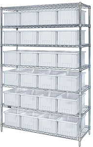 Chrome Wire Shelving w/ 7 Shelves & 20 Mixed Size Clear View Bins