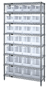 Wire Shelving w/ 8 Shelves & 28 Clear View 10-3/4" x 8-1/4" x 7" Bins
