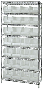 Wire Shelving w/ 8 Shelves & 28 Clear View 14-3/4" x 8-1/4" x 7" Bins